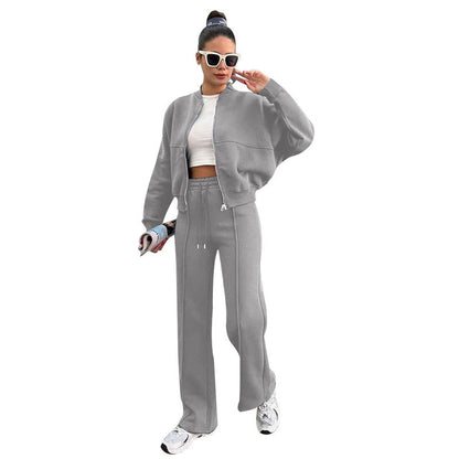 Women's Fleece Lined Zip Up Jacket Wide Leg Pants Set