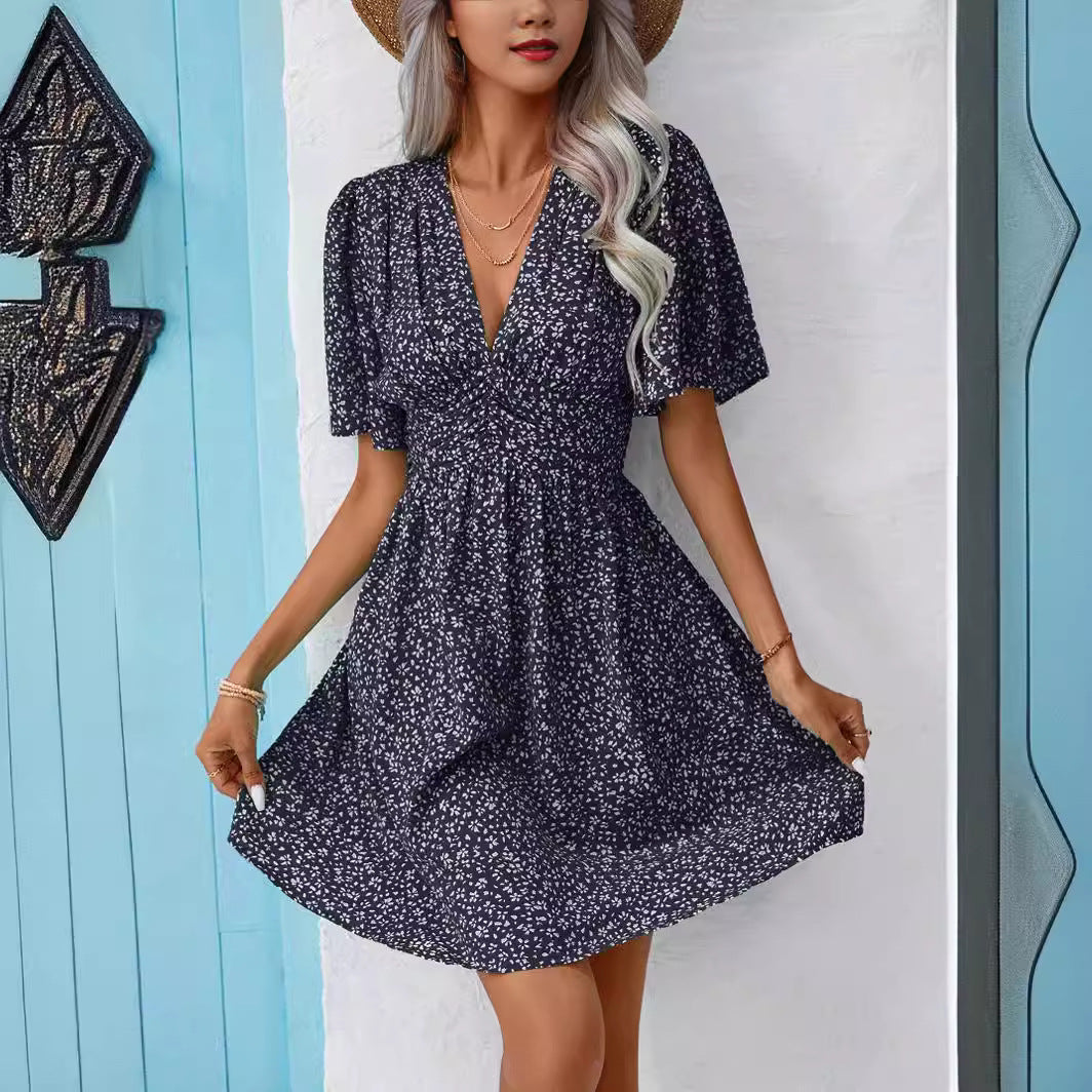 Rose Red Floral V Neck Empire Waist Short Sleeve Midi Dress