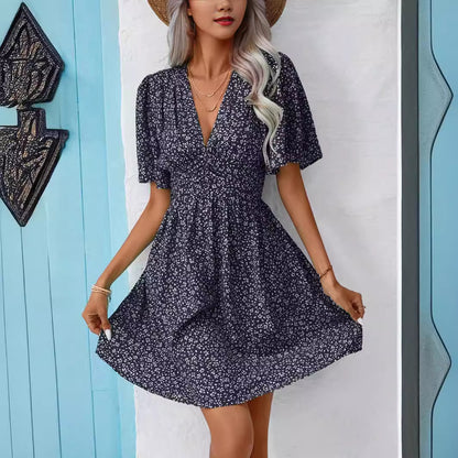 Rose Red Floral V Neck Empire Waist Short Sleeve Midi Dress