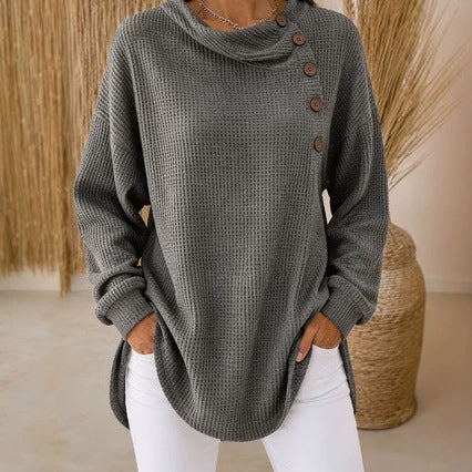 Women's Waffle Knit Cowl Neck Button Pullover Sweater