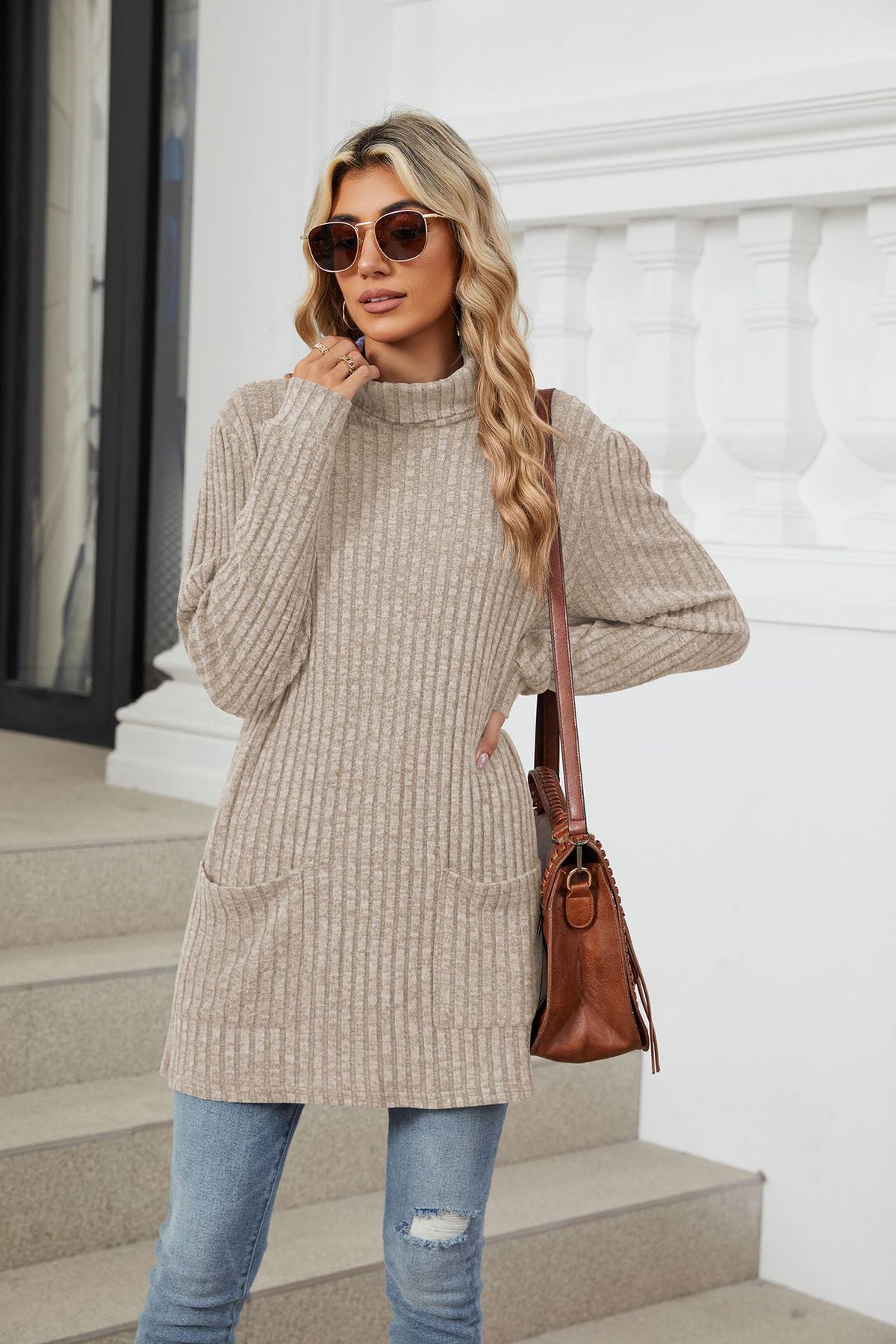 Women's Oversized Ribbed Mock Neck Tunic with Pockets