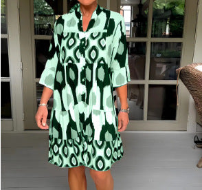 Women's Boho Geometric Tiered Midi Dress 3/4 Sleeve