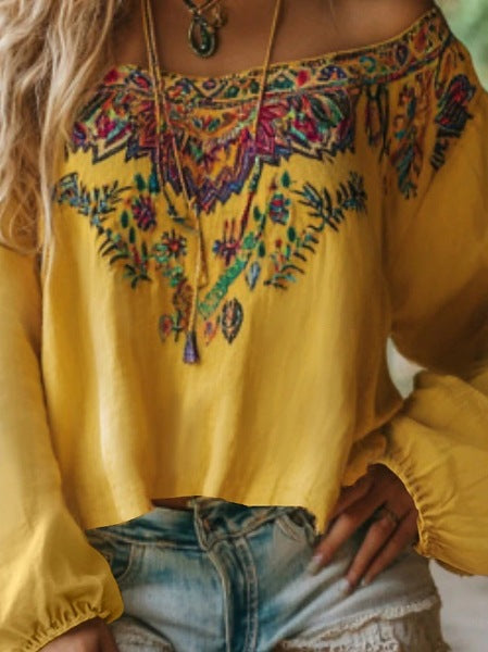 Women's Boho Off Shoulder Lantern Sleeve Floral Tribal Top