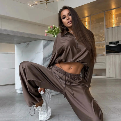 Women's Satin Zip Up Jacket Wide Leg Pants Two Piece Set