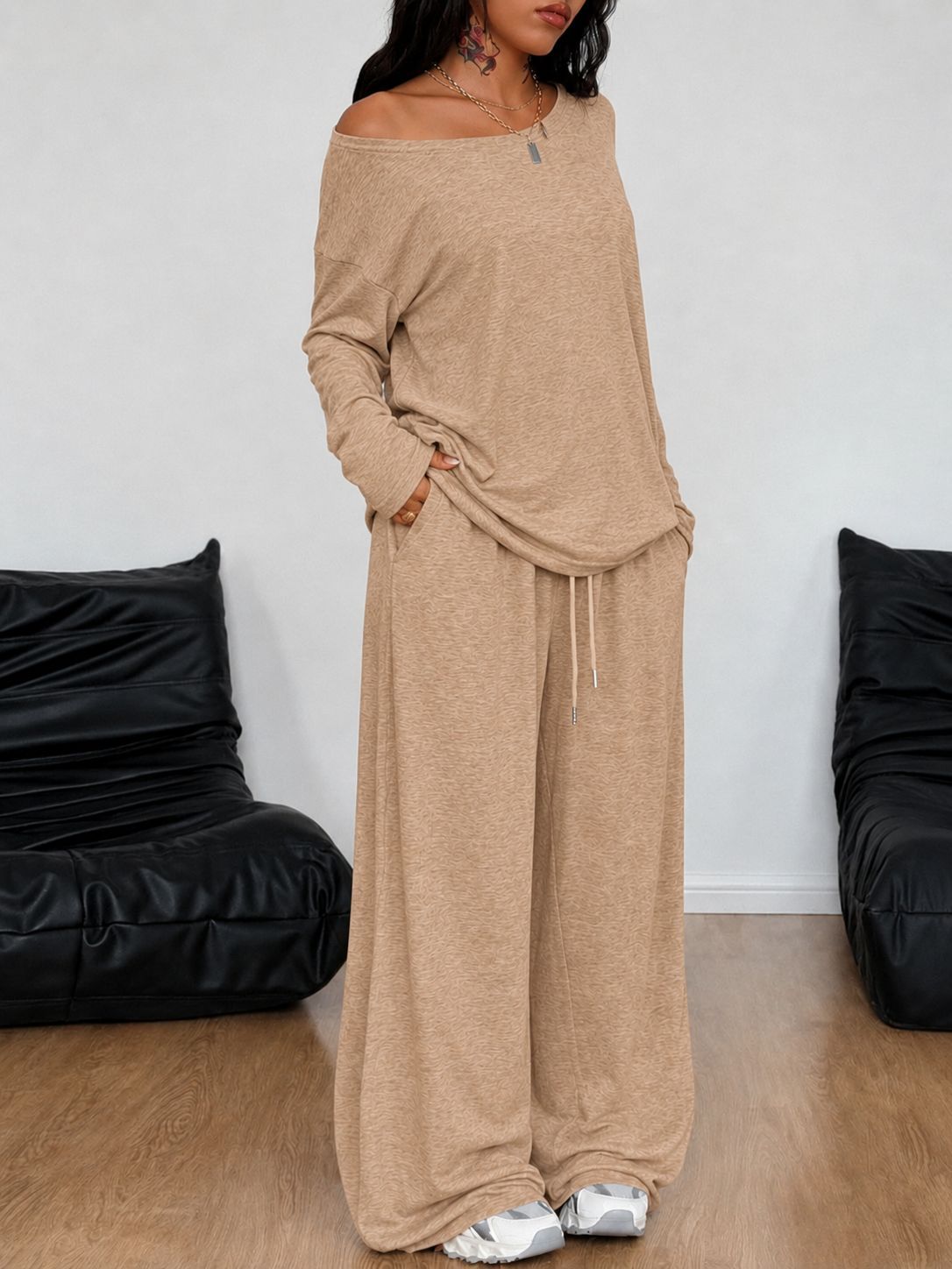 Women Off Shoulder Wide Leg Pants Casual Two Piece Set