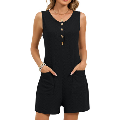 Textured Button Tank Romper Sleeveless Pocket Lounge Set