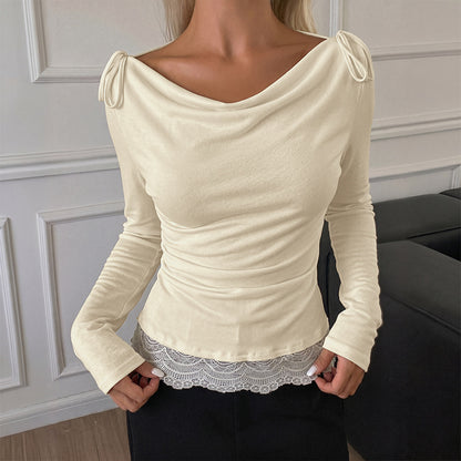 Lace Trim Cowl Neck Top Ruched Long Sleeve Fitted