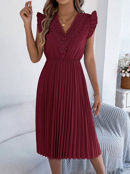Lace V Neck Pleated Midi Dress with Ruffle Sleeves