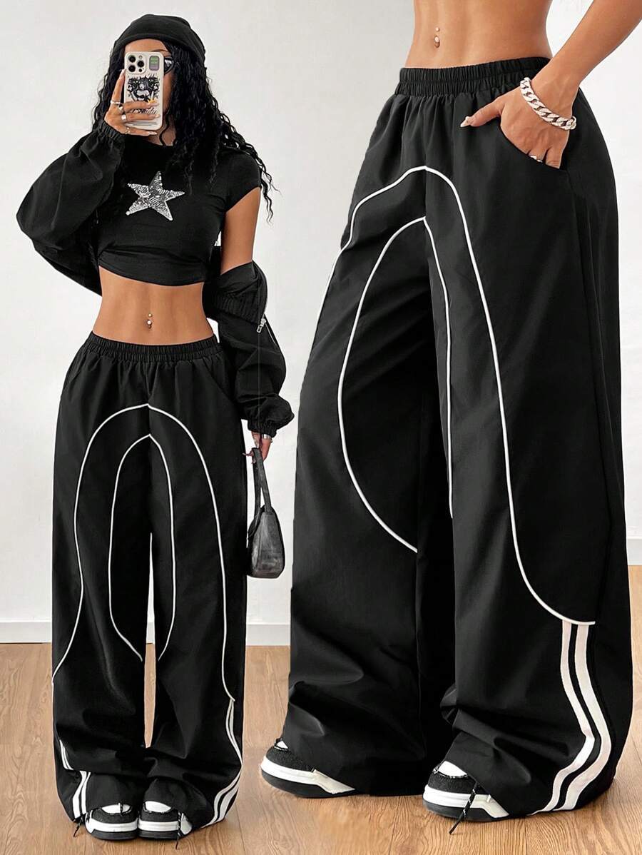 Women Baggy Wide Leg Pants Contrast Trim Low Rise Y2K