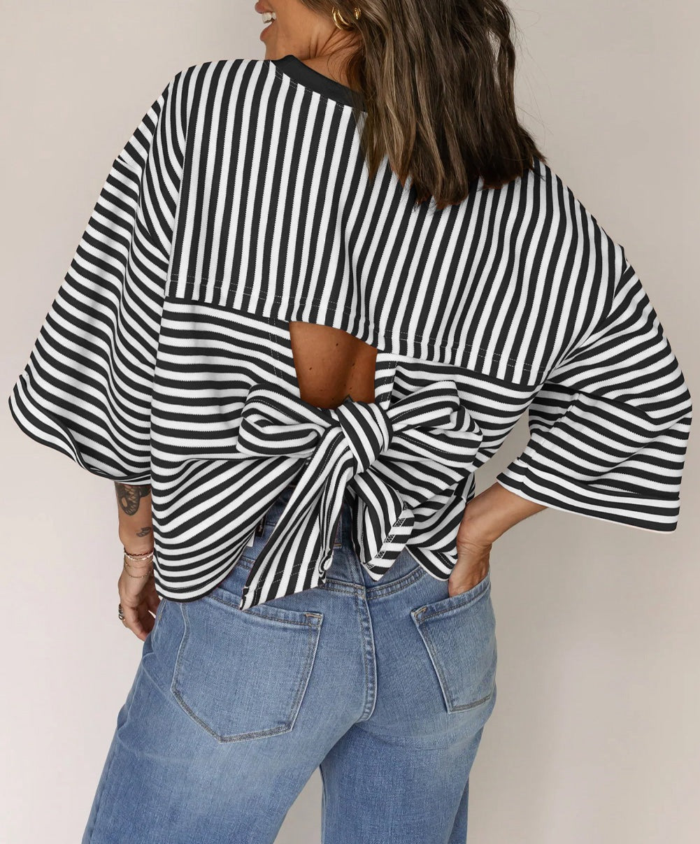 Blue Striped Knit Back Bow Open Back Top Women