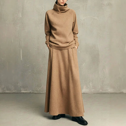 Womens Fleece Turtleneck Sweatshirt Maxi Skirt Set