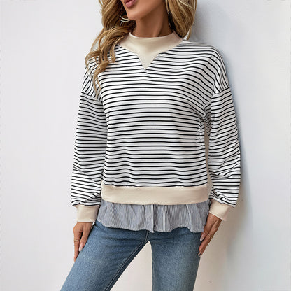 Casual Long-sleeved Crew Neck Striped Stitching Fake Two-piece T-shirt