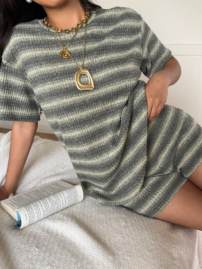 Striped Knit 2 Piece Lounge Set Women Short Sleeve Shorts