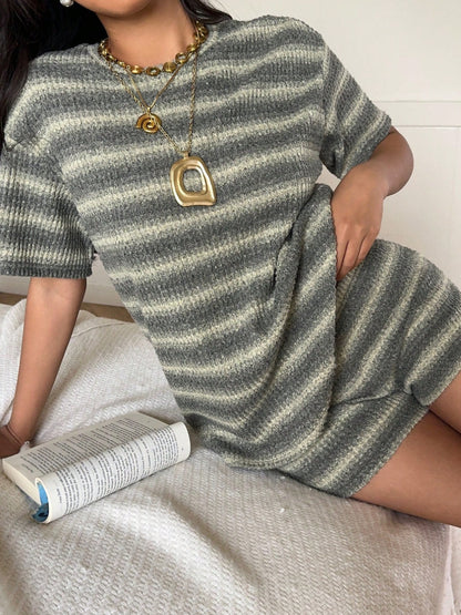 Striped Knit 2 Piece Lounge Set Women Short Sleeve Shorts