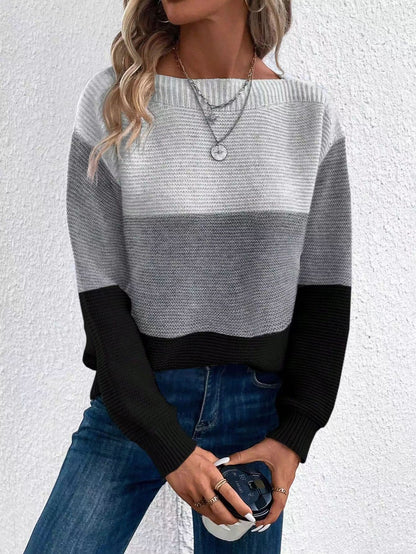 Women's Color Block Crew Neck Knit Pullover Sweater