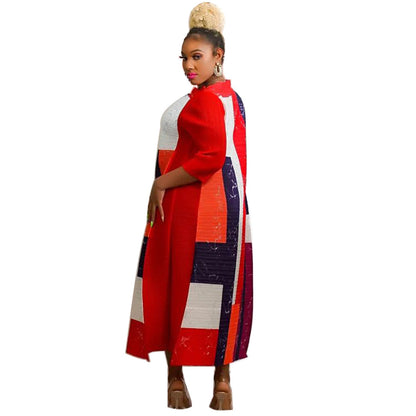 Women's Geometric Pleated Maxi Dress 3/4 Sleeve Colorful