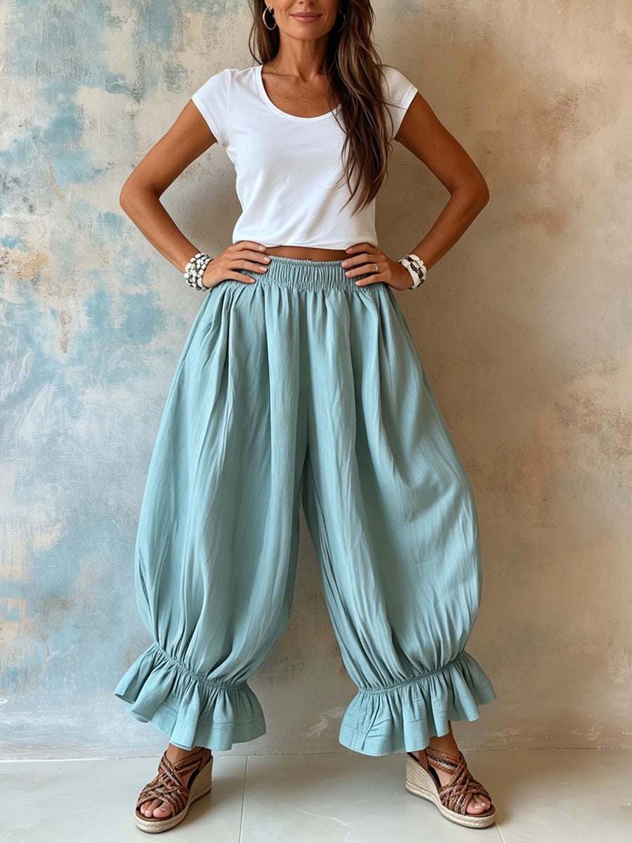 Women Ruffle Hem Balloon Pants Elastic Waist Wide Leg Boho