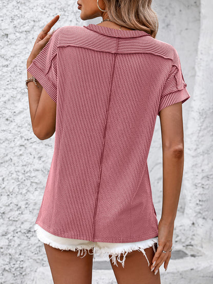 Women’s White Textured Ribbed Crew Neck Loose Tee