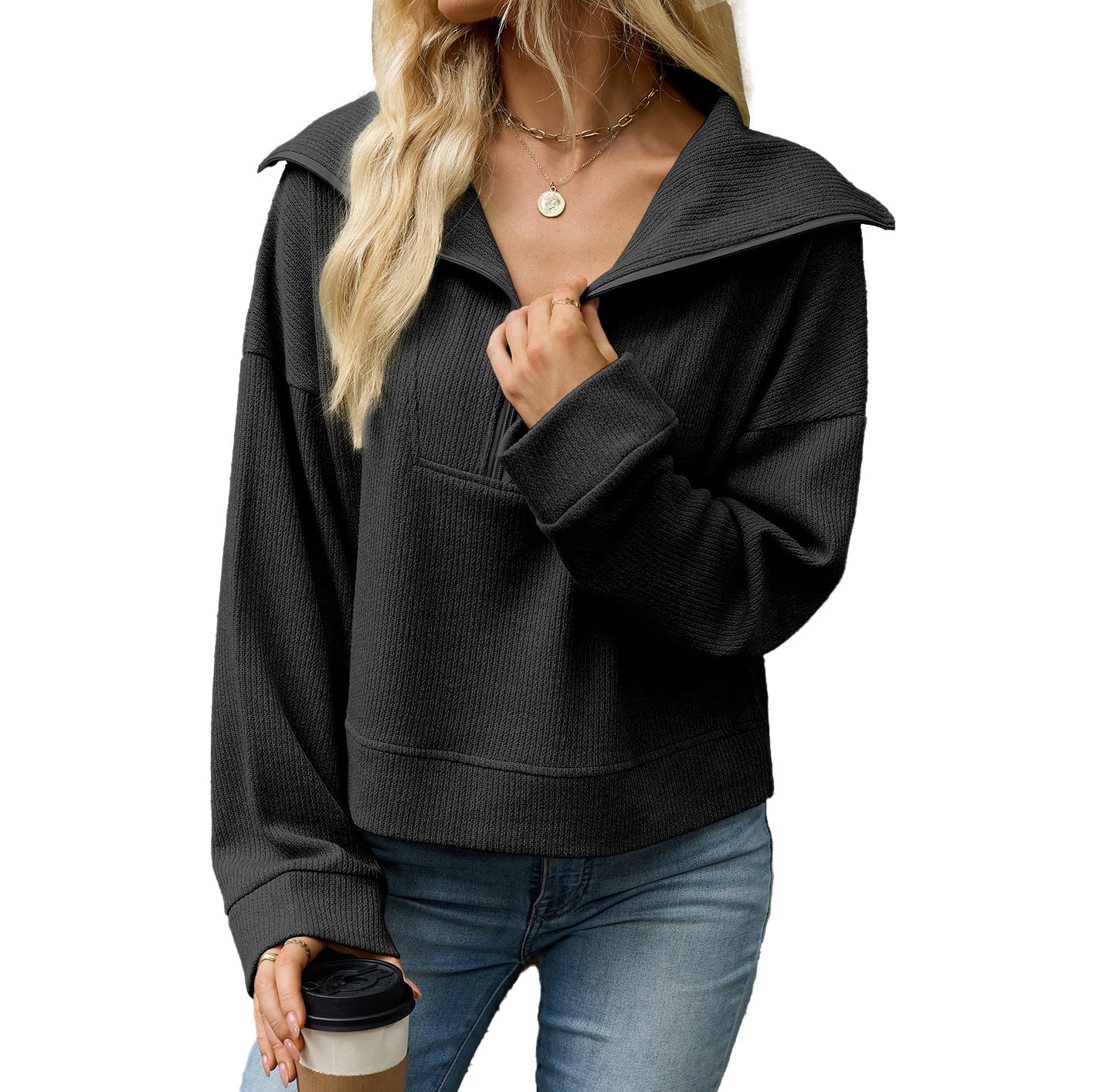 Women's Waffle Knit Half Zip Collared Oversized Sweatshirt