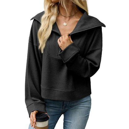 Women's Waffle Knit Half Zip Collared Oversized Sweatshirt