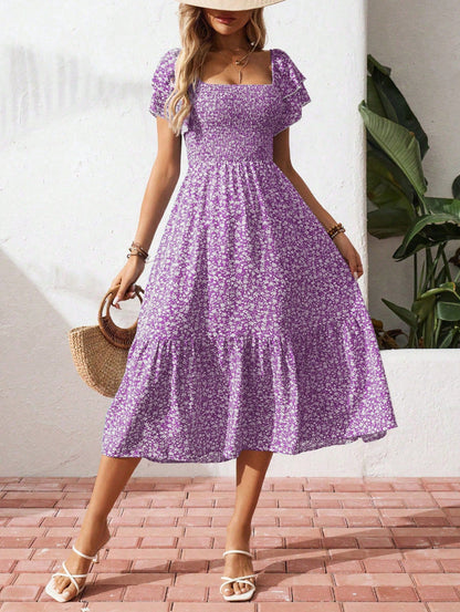 Floral Smocked Square Neck Midi Dress Ruffle Sleeve