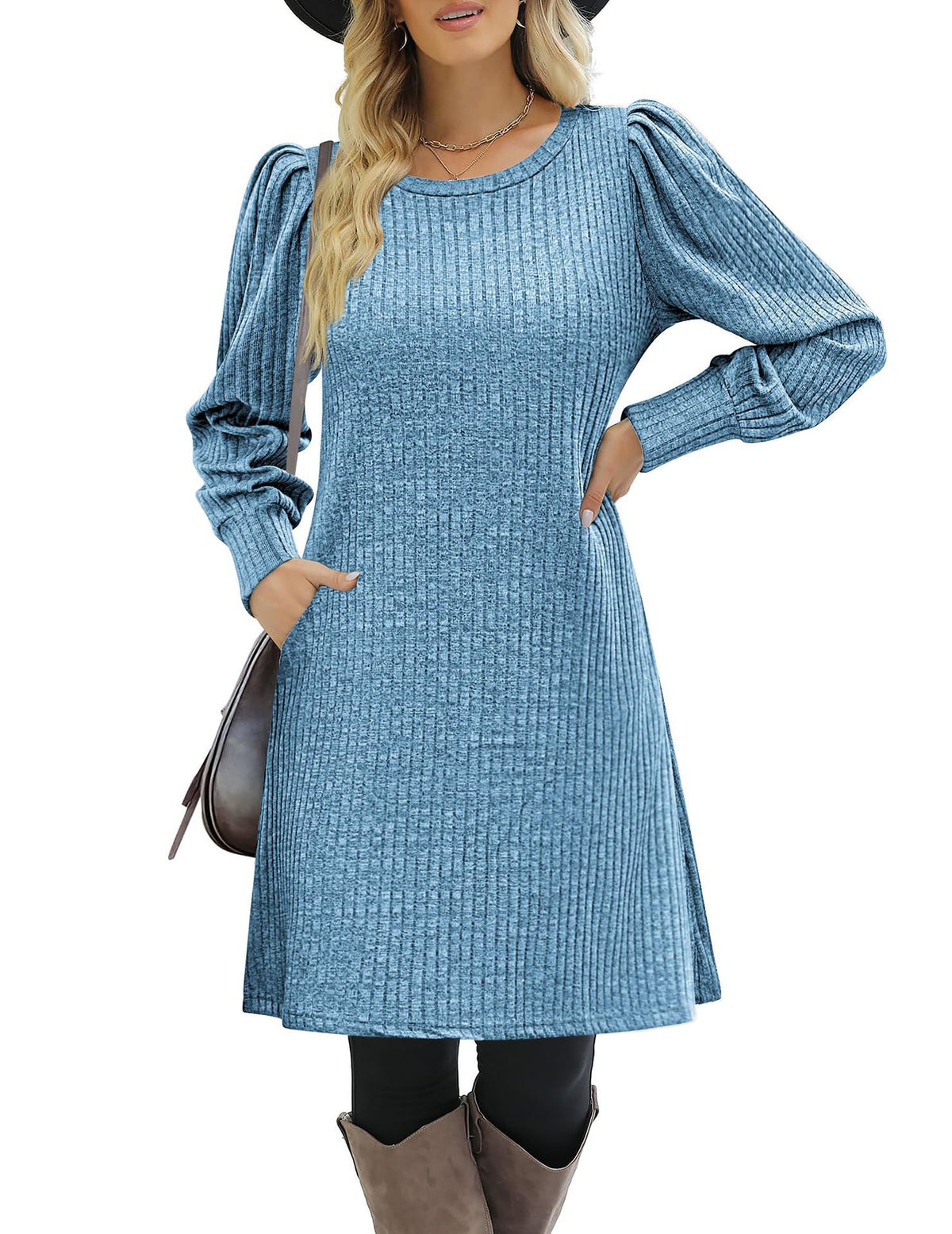 Women's Puff Sleeve Ribbed Knit Sweater Dress with Pockets