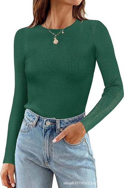Women's Basic Ribbed Crew Neck Long Sleeve Knit Top