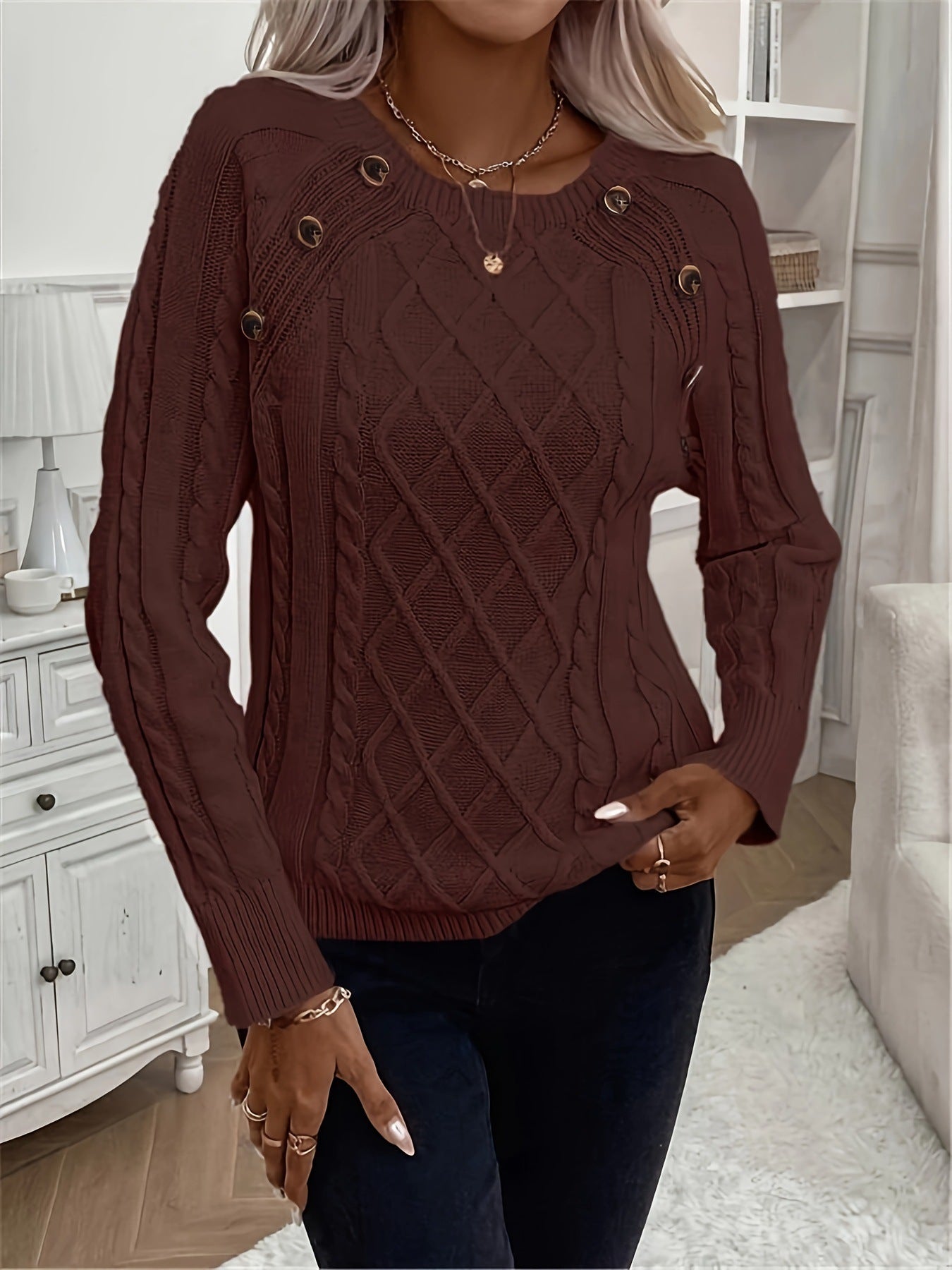 Women's Oversized Cable Knit Button Crew Neck Sweater