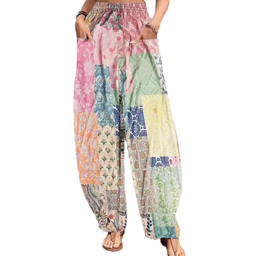 Women's Boho Printed Wide Leg Pants with Pockets