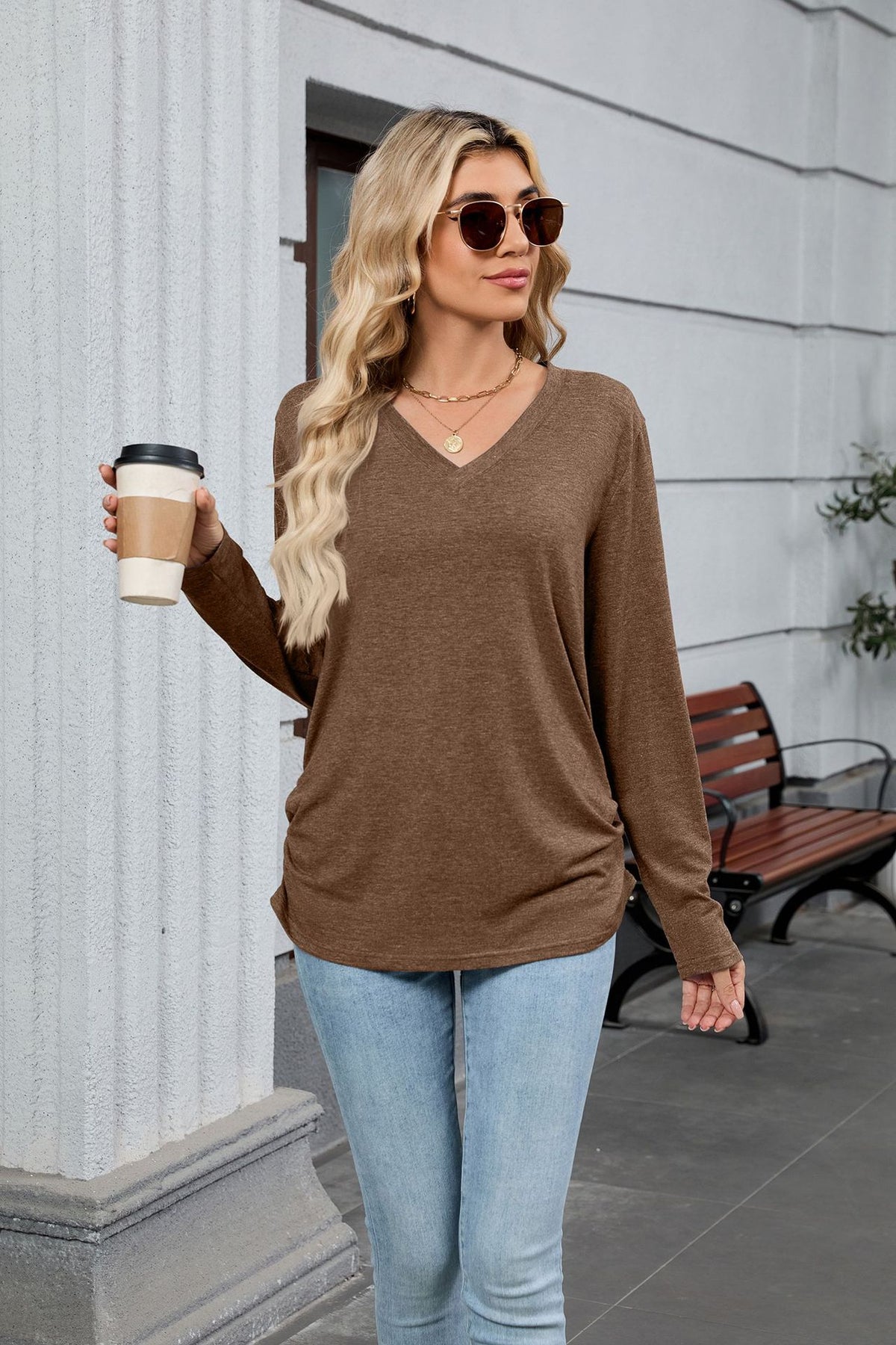 Women's V-Neck Long Sleeve Oversized Tunic Top Shirred