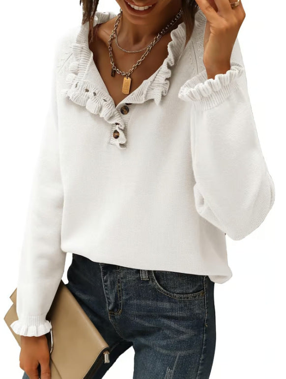 Women's Ruffle Button Knit Sweater Long Sleeve Tunic