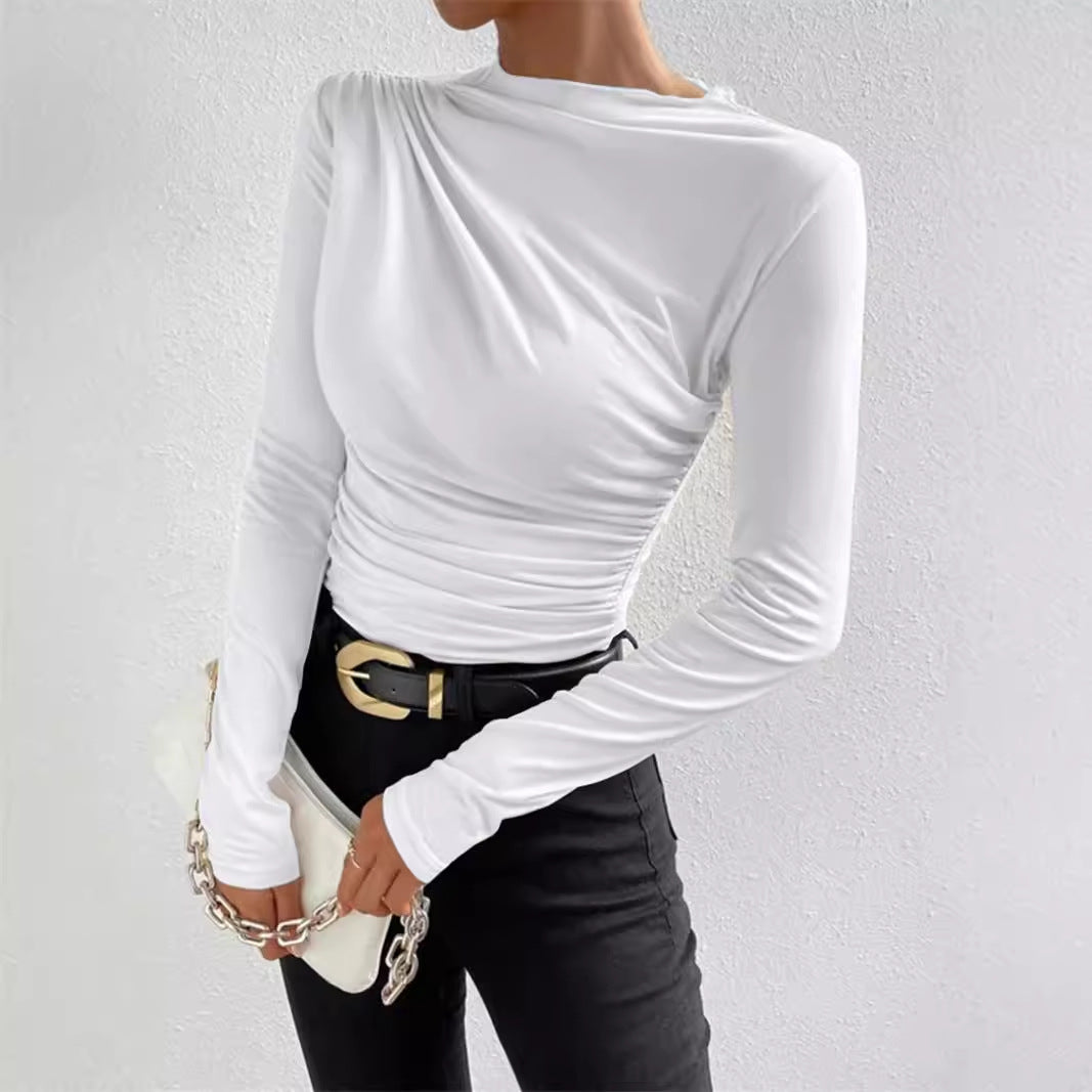 Women's Ruched Asymmetric Mock Neck Fitted Long Sleeve Top