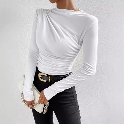 Women's Ruched Asymmetric Mock Neck Fitted Long Sleeve Top