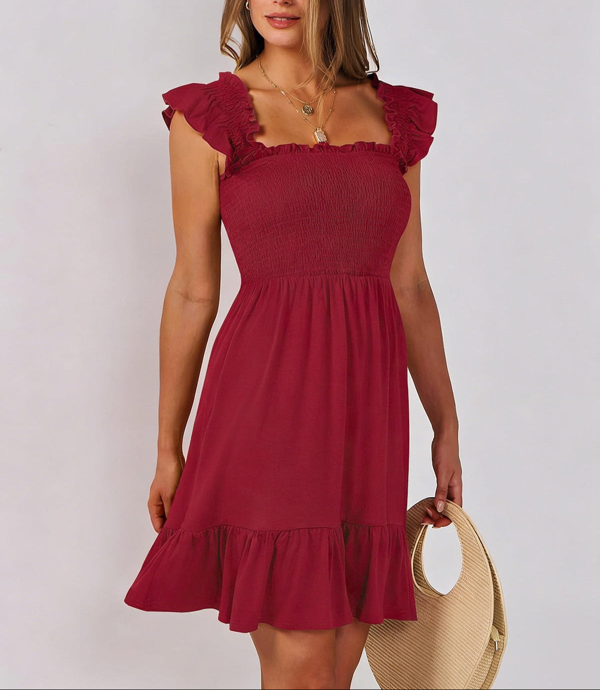 Smocked Square Neck Ruffle Sleeve Midi Dress