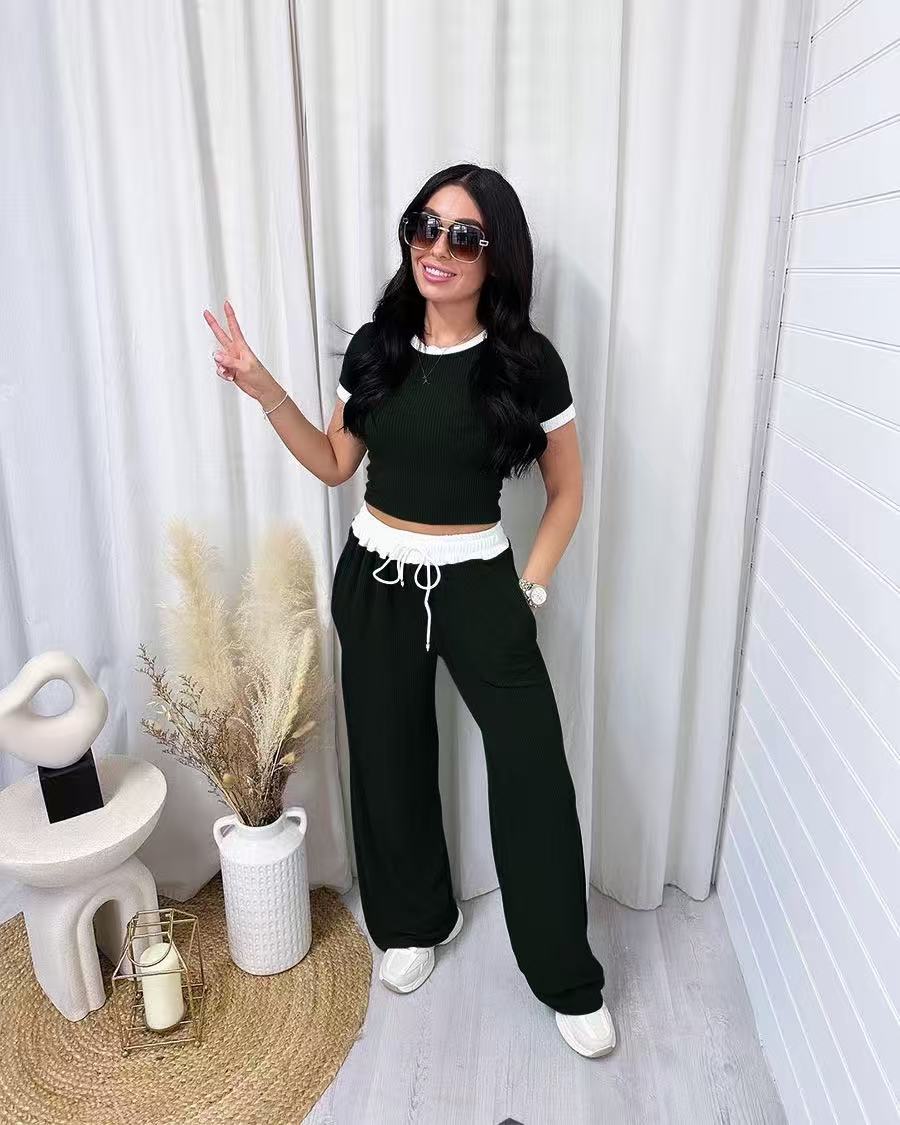 Ribbed Contrast Trim Crop Top Wide Leg Pants Set