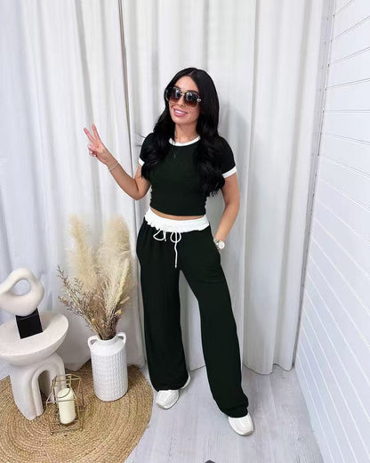 Ribbed Contrast Trim Crop Top Wide Leg Pants Set