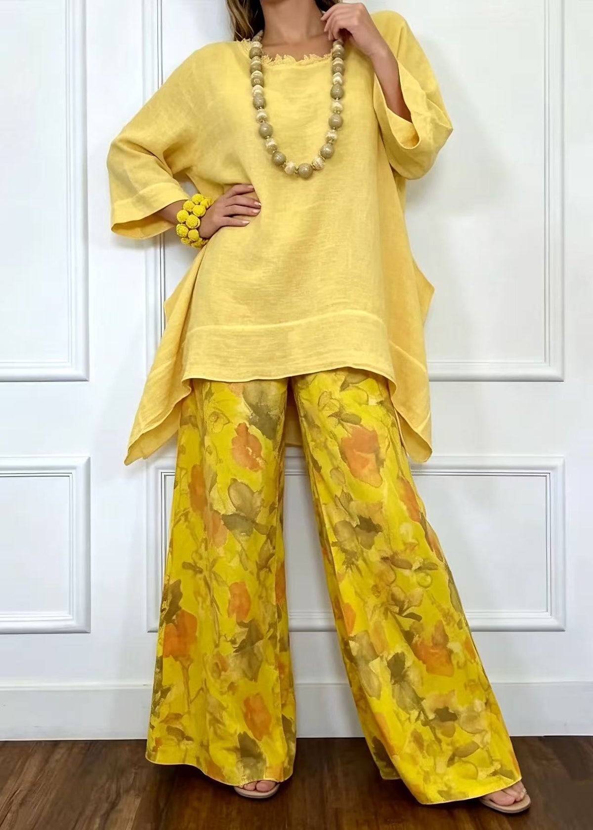 Women's Linen Set Asymmetric Top & Floral Wide Leg Pants