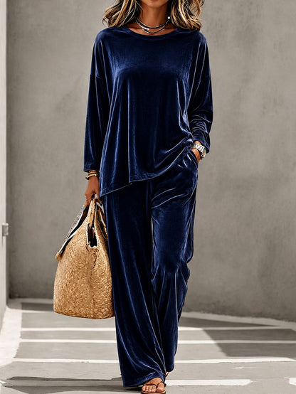 Velvet Two Piece Set Women Wide Leg Pants Lounge Wear