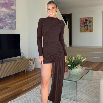 Sexy Ruched Long Sleeve Bodycon Dress Draped Hem