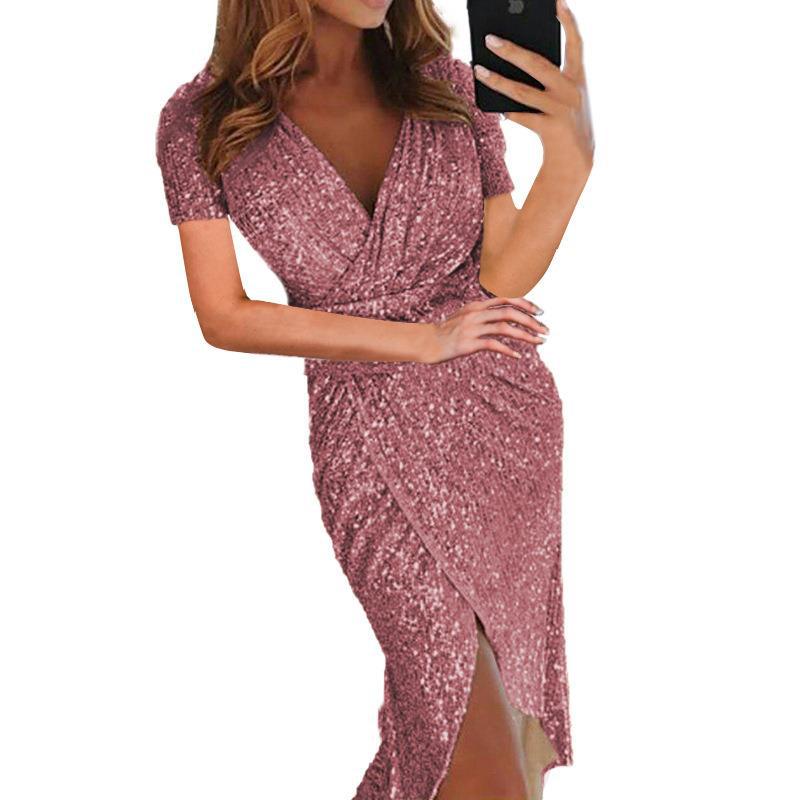 Sequin Long Sleeve V-Neck Bodycon Slit Midi Cocktail Dress