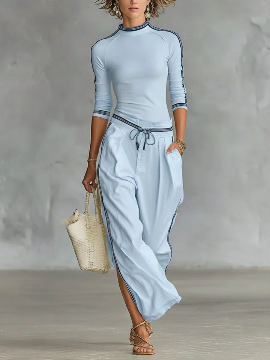 Women's Mock Neck 2 Piece Set Striped Wide Leg Pants