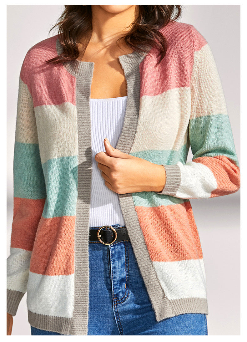 Women's Color Block Cardigan Button Front Knit Long Sleeve