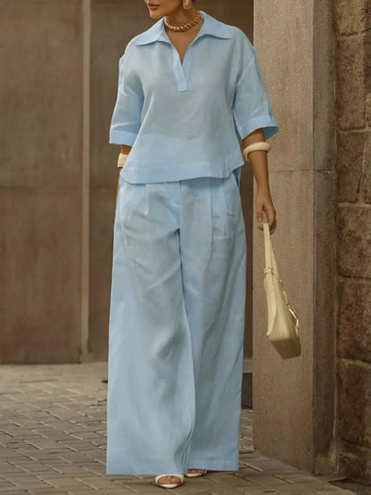 Women Oversized Collared Top Wide Leg Pants Matching Set