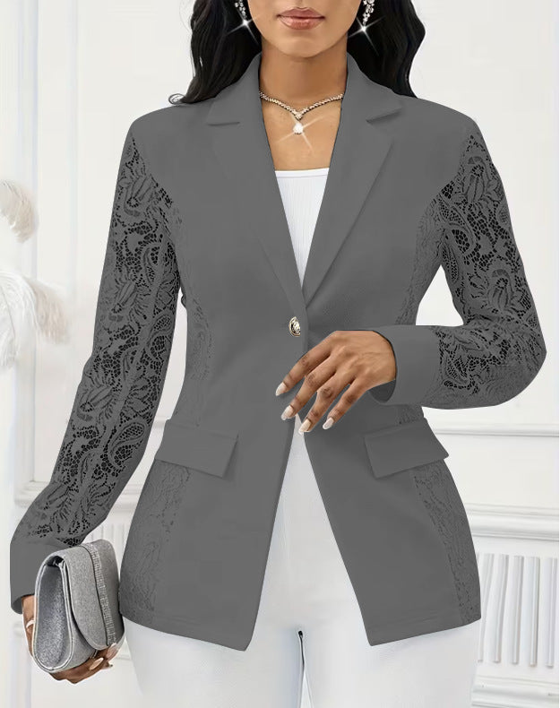 Women's Lace Sleeve Blazer One Button Elegant Jacket