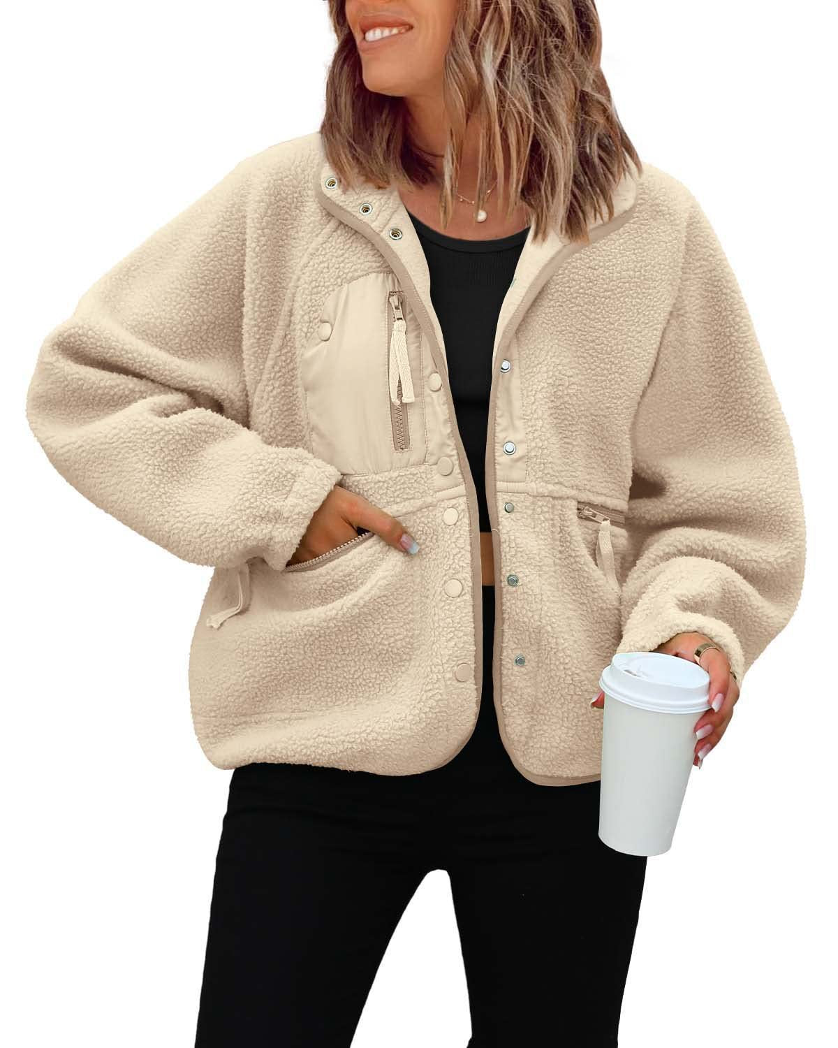 Women's Oversized Sherpa Fleece Jacket Button Front Casual