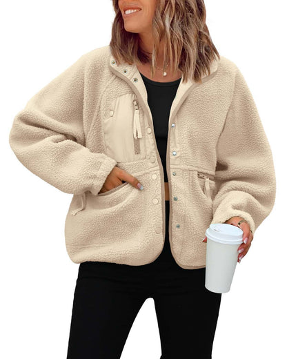 Women's Oversized Sherpa Fleece Jacket Button Front Casual