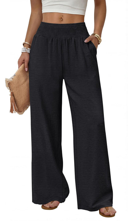 Women High Waisted Wide Leg Smocked Casual Pants
