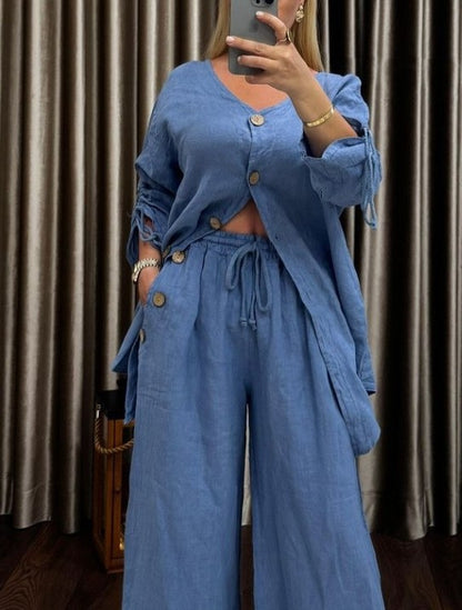 Women's Linen Two Piece Cardigan Wide Leg Pants Set