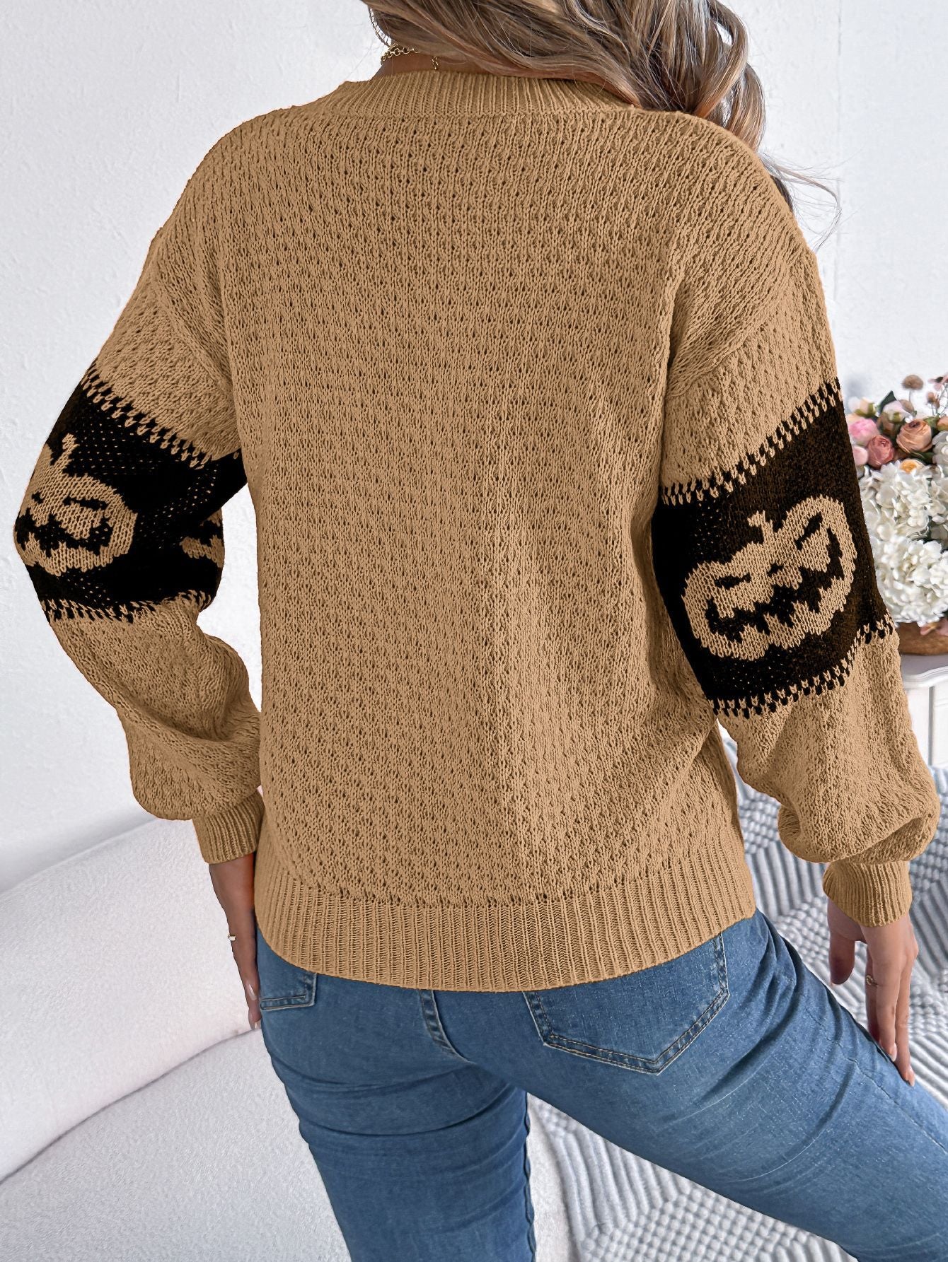 Halloween Pumpkin Pattern Colorblock Long Sleeve Sweater