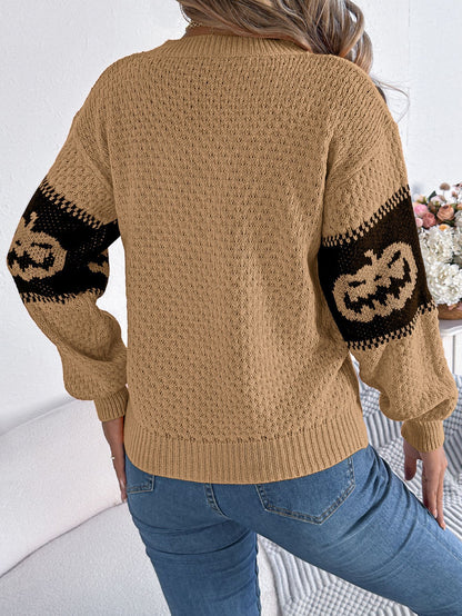 Halloween Pumpkin Pattern Colorblock Long Sleeve Sweater